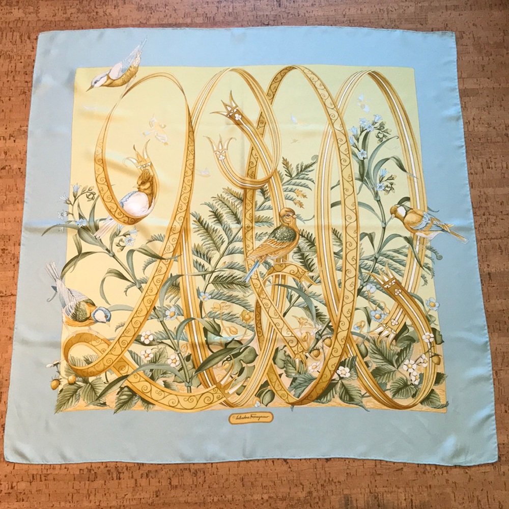 Salvatore Ferragamo bird design silk scarf w/box